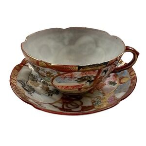 Antique Kutani Japan Tea Cup & Saucer Set Hand Painted‎ Porcelain Gold Signed